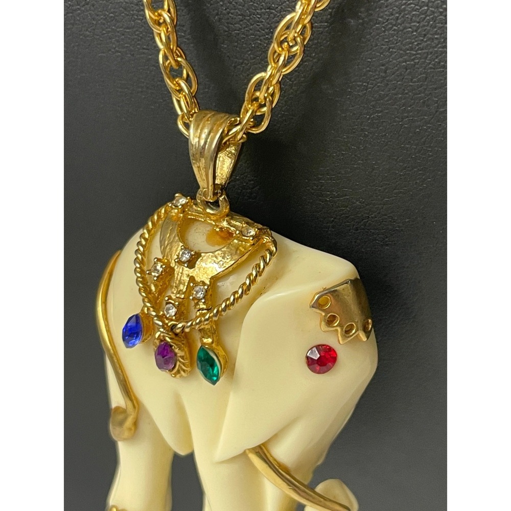 Vintage Elephant Pendant Necklace Rhinestone Gold Tone Chain 18" - Picture 5 of 14
